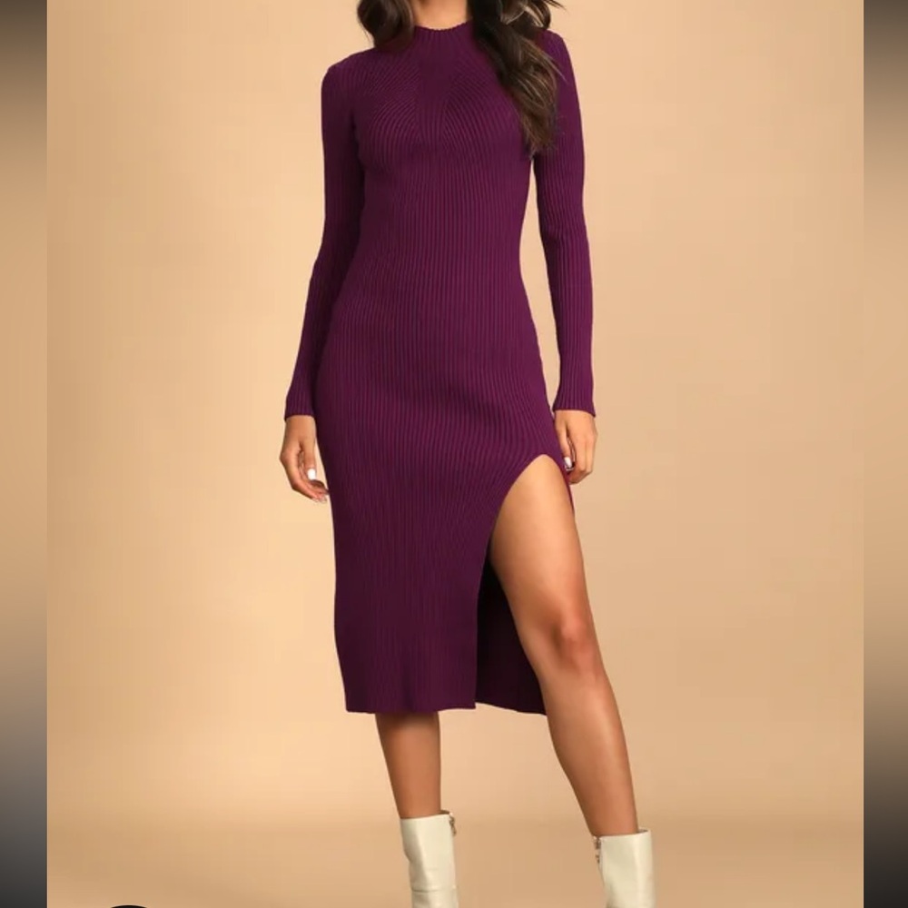 Lulus Wondrous Winter Plum Ribbed Knit Dress S